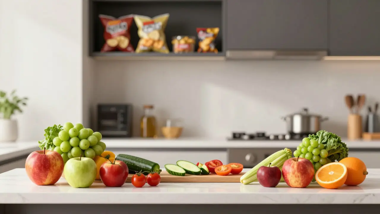 Kitchen counter with visible healthy snacks and hidden junk food