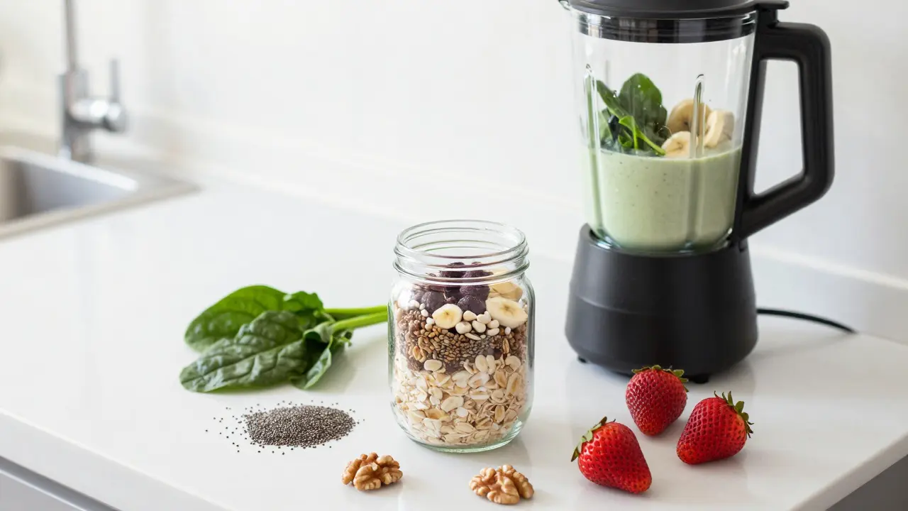 Overnight oats jar and green smoothie ingredients on a sunny kitchen counter.
