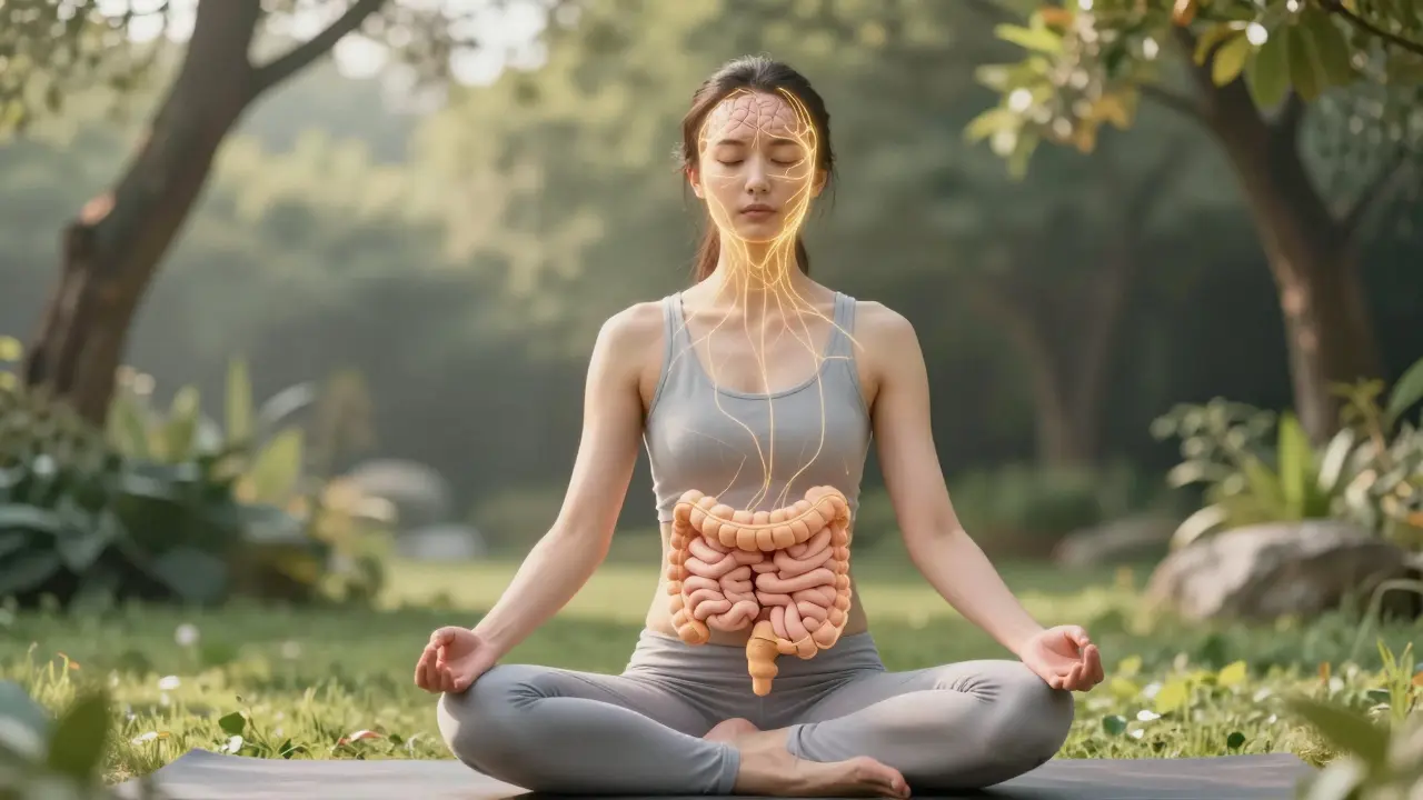 Person meditating with glowing lines connecting brain and gut, illustrating the gut-brain axis.