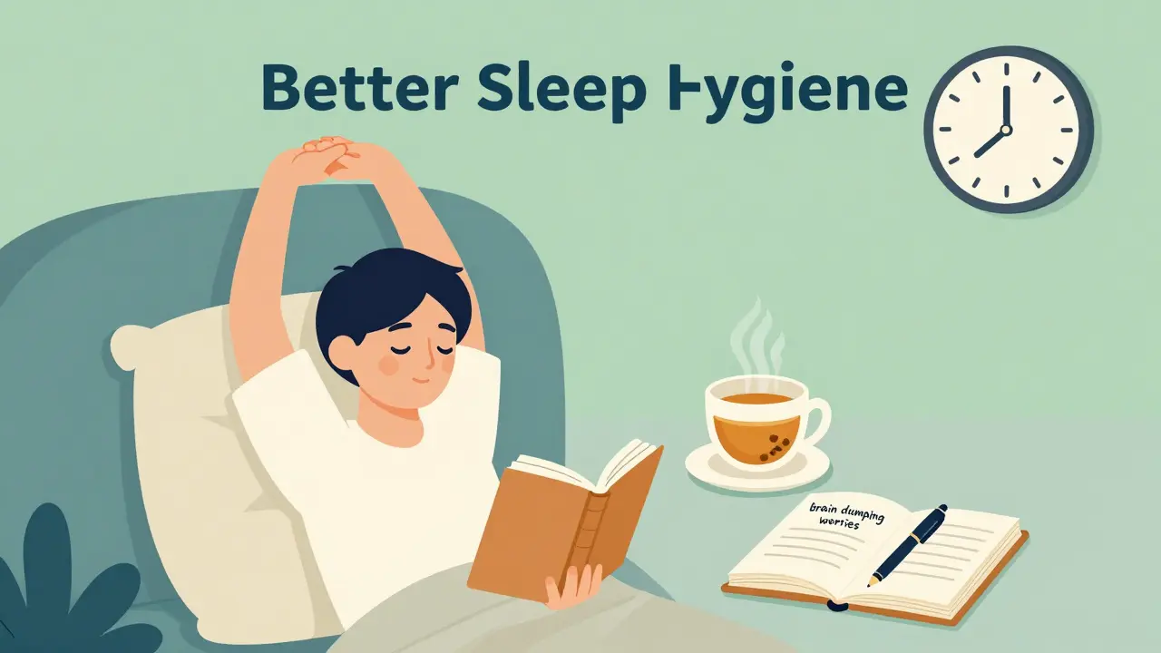 Person relaxing with a book and tea, practicing healthy sleep hygiene routines.