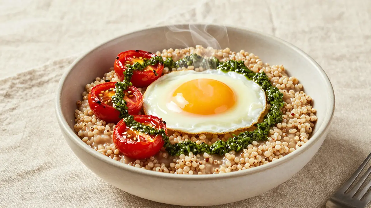Savory quinoa porridge bowl with egg, tomatoes, and pesto garnish.