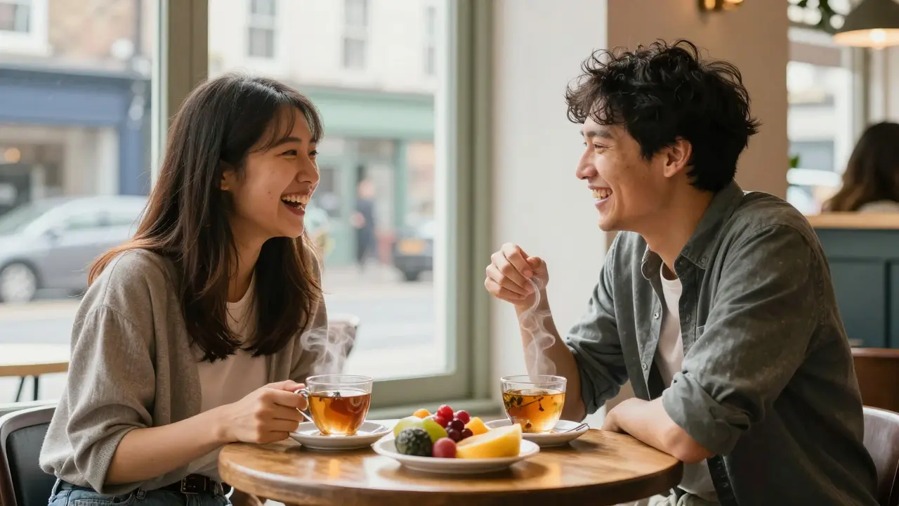Two friends laughing and drinking tea in a cozy cafe