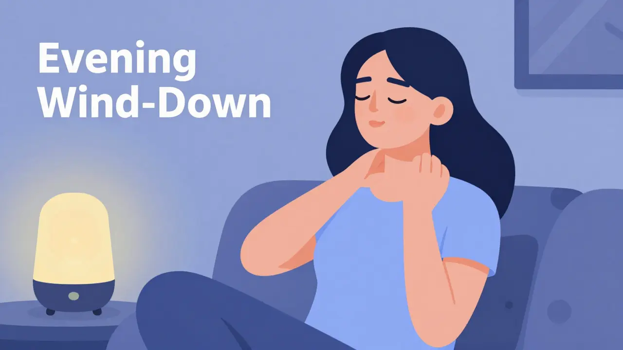 Woman relaxing on a sofa, massaging her neck and shoulders during an evening aromatherapy routine.