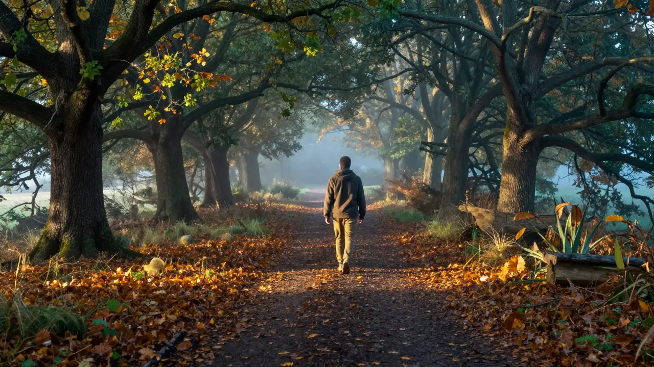 Woman walking peacefully on a misty forest path in autumn