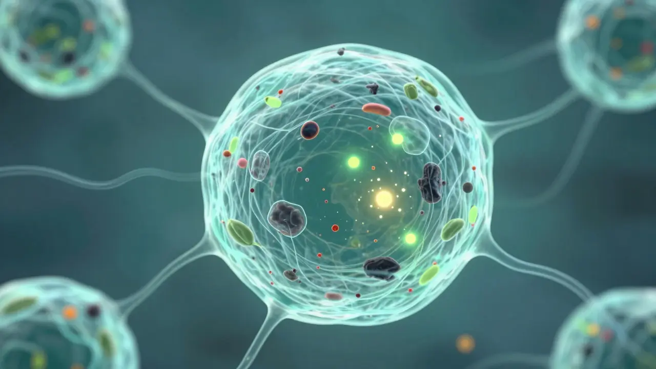 Abstract cell undergoing autophagy cleanup process