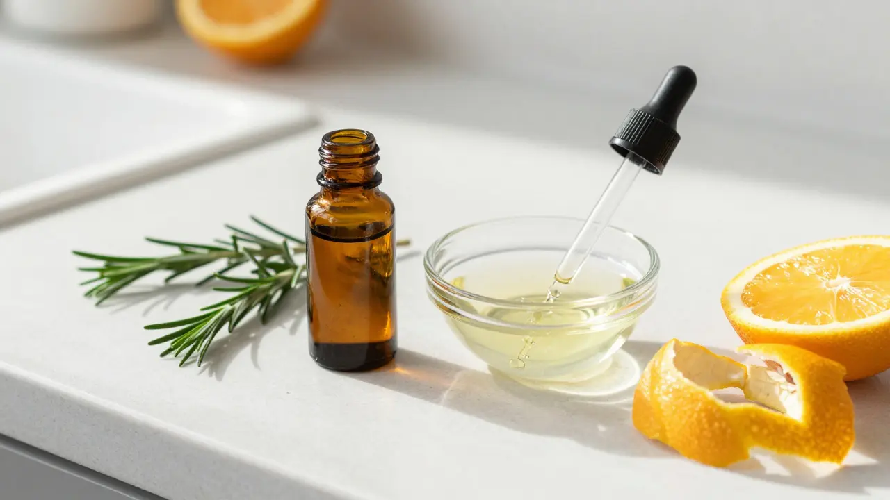 Amber essential oil bottle, carrier oil, and fresh herbs on a kitchen counter