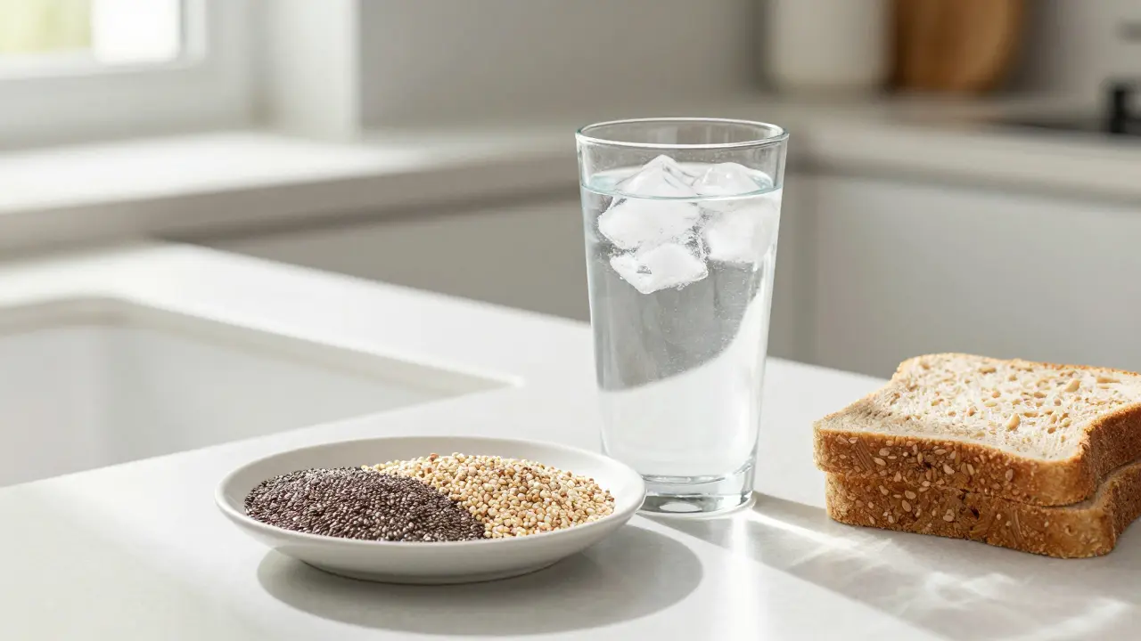 Glass of water and high-fiber foods on a sunny kitchen counter