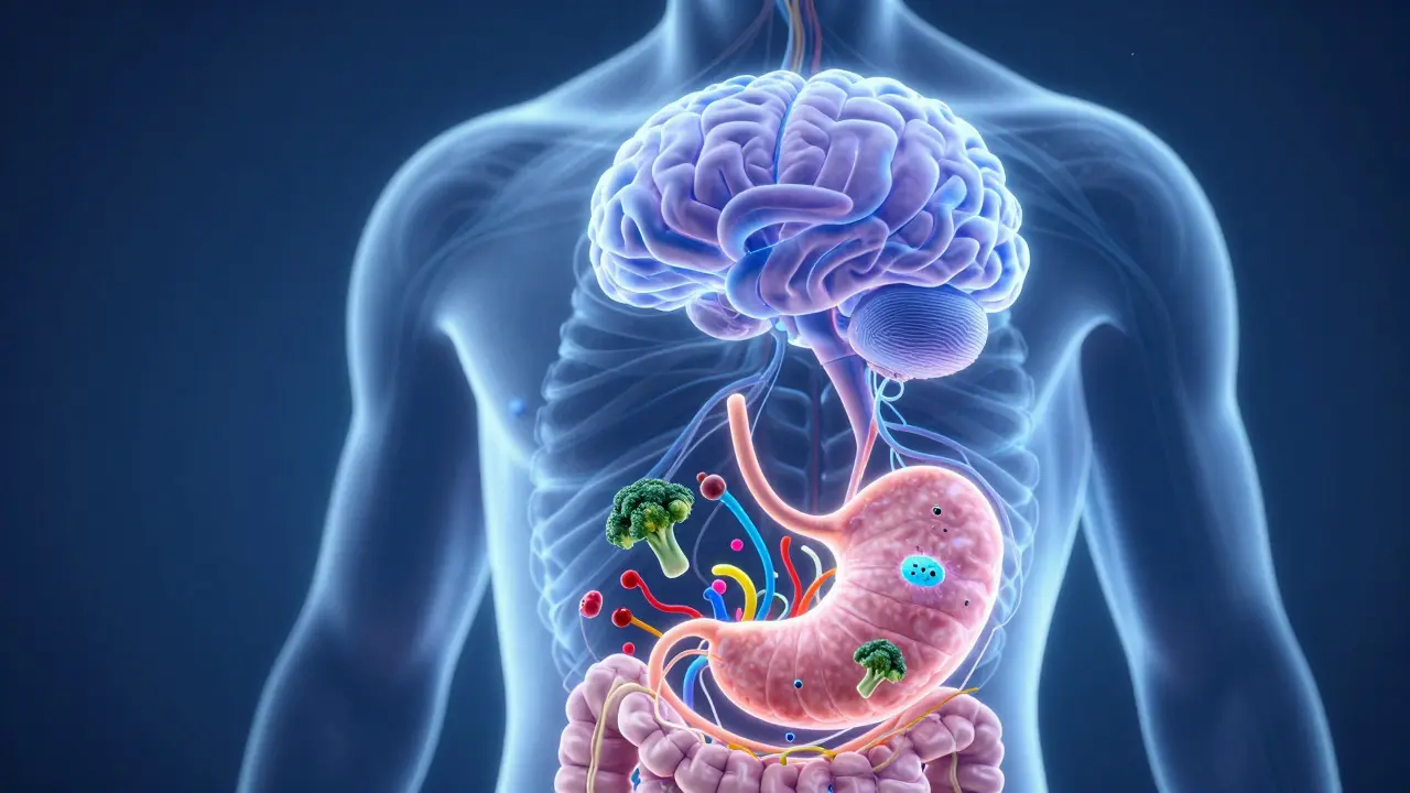 Illustration of gut bacteria connecting to the brain via neural pathways