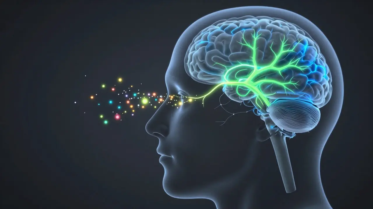 Illustration of scent molecules traveling from nose to brain's emotional centers