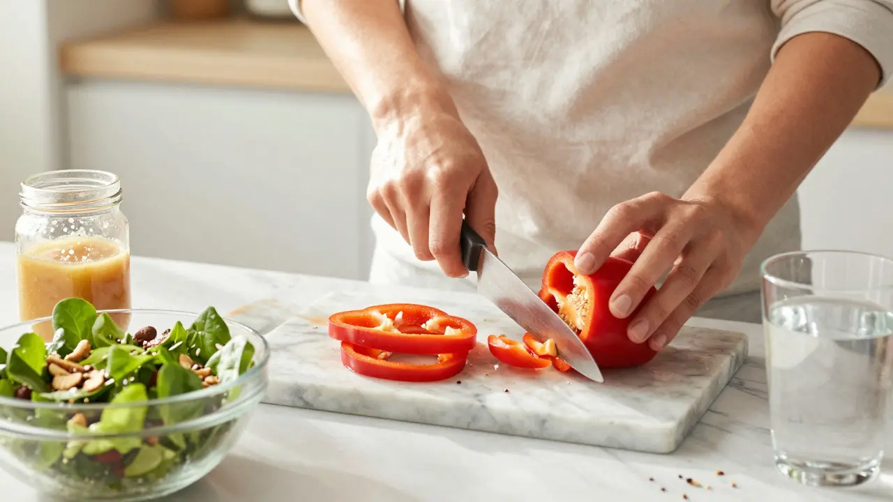 Person chopping fresh vegetables for a healthy salad in a bright kitchen