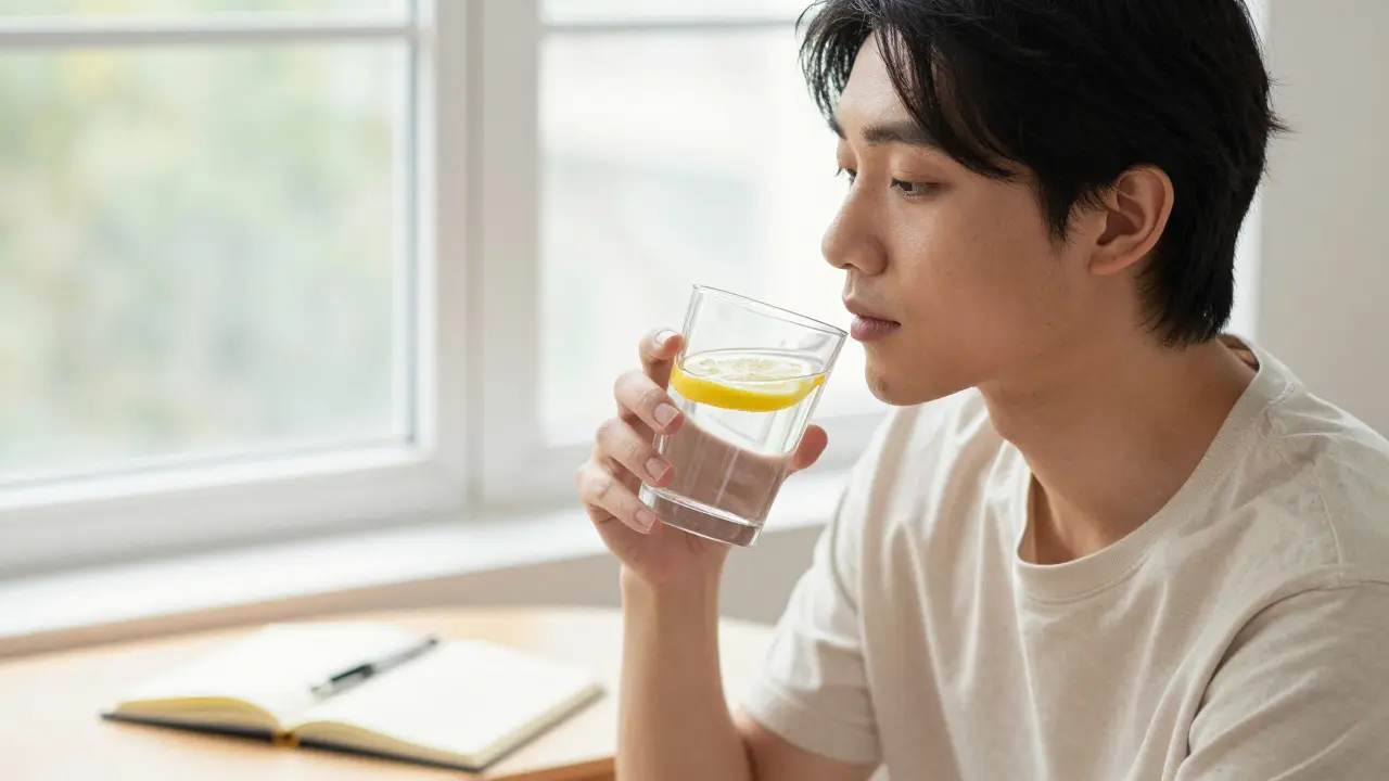 Person drinking water calmly during fasting window