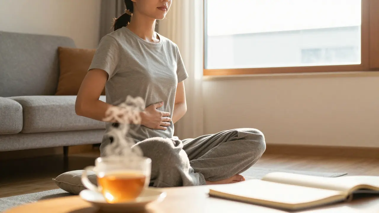 Person meditating peacefully in a sunlit room with tea nearby
