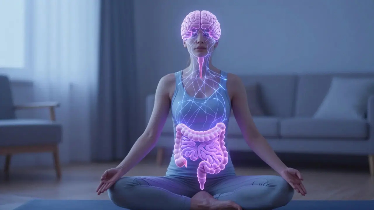 Person meditating with glowing lines connecting brain and gut