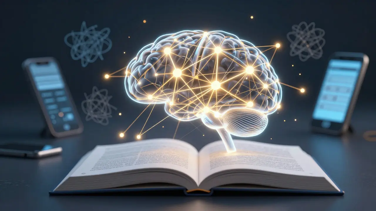 Abstract illustration of a brain strengthening focus while distractions fade away