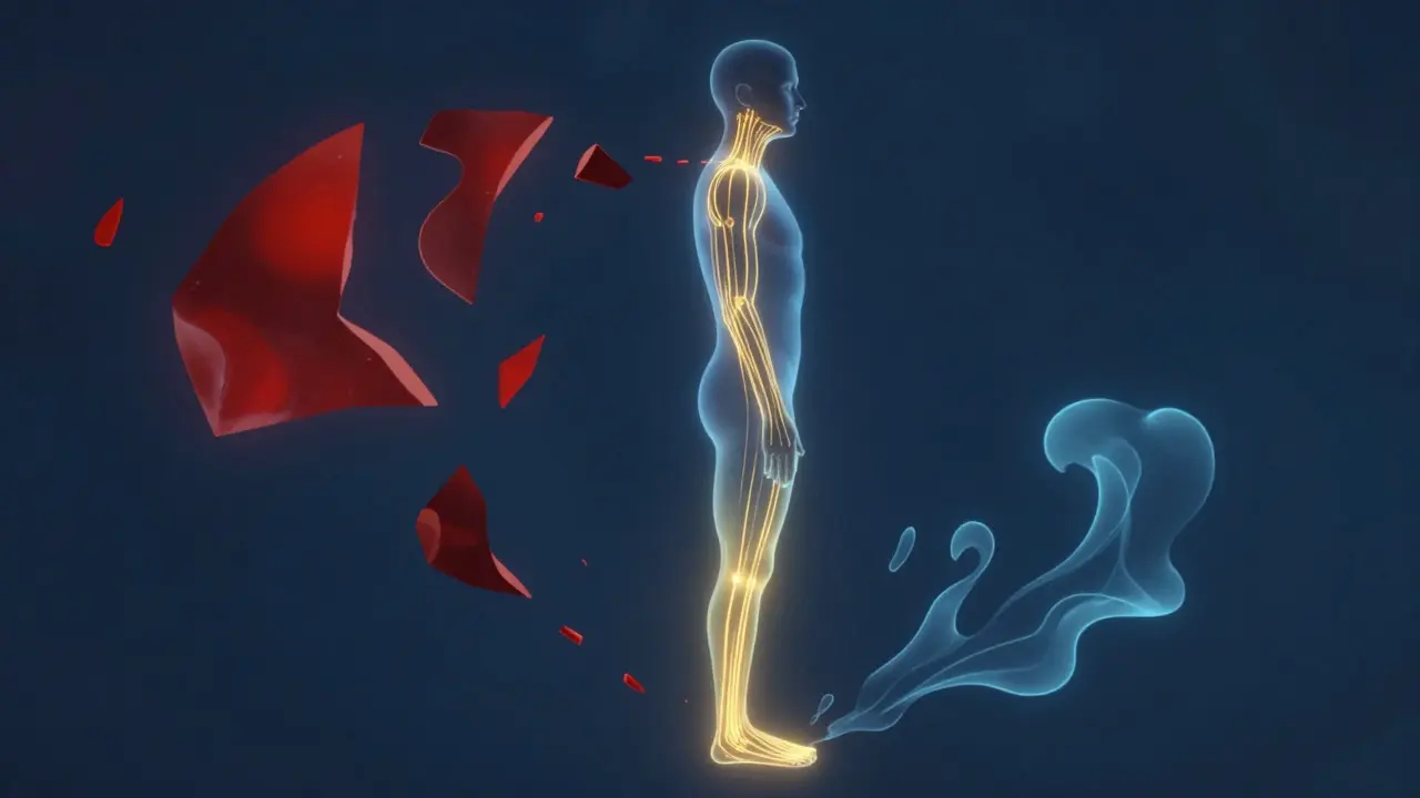 Abstract illustration showing tension releasing from feet to head via glowing energy lines.
