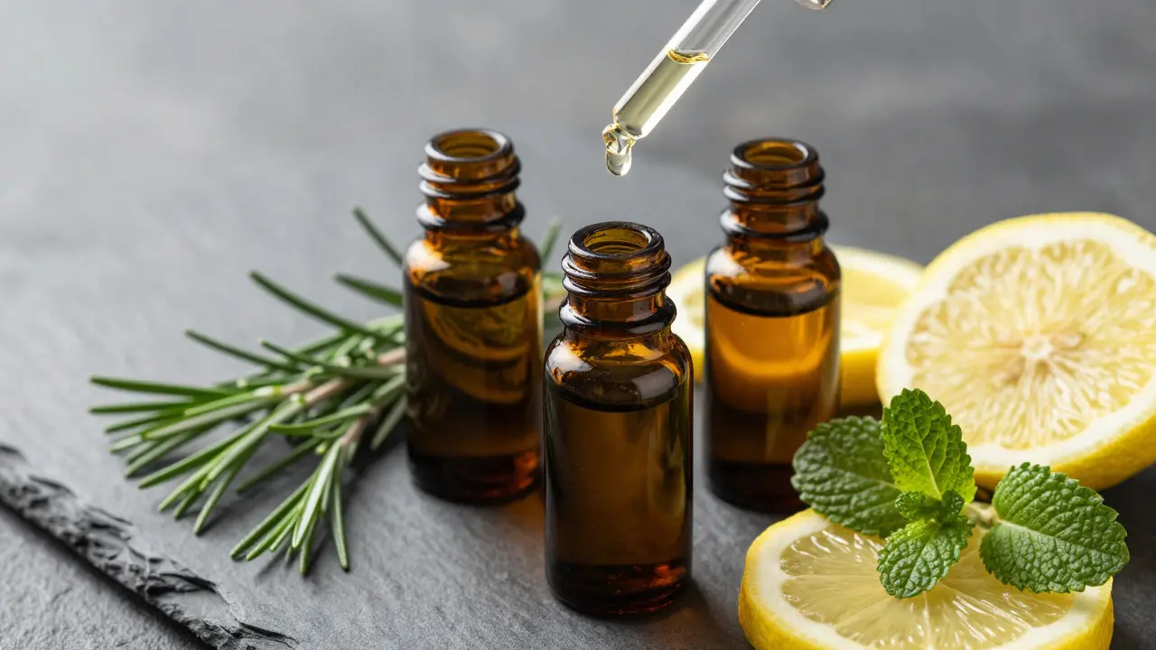 Amber bottles of essential oils with fresh herbs
