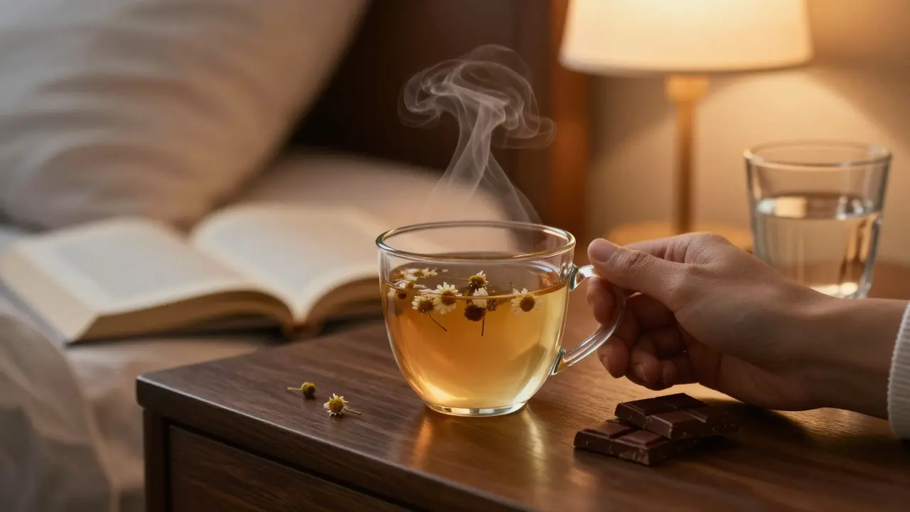 Chamomile tea, dark chocolate, and water on a bedside table