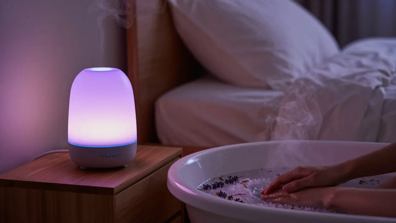 Diffuser releasing mist in a calm bedroom with a relaxing foot soak