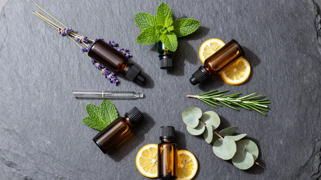 Essential oil bottles surrounded by lavender, peppermint, and citrus plants on stone