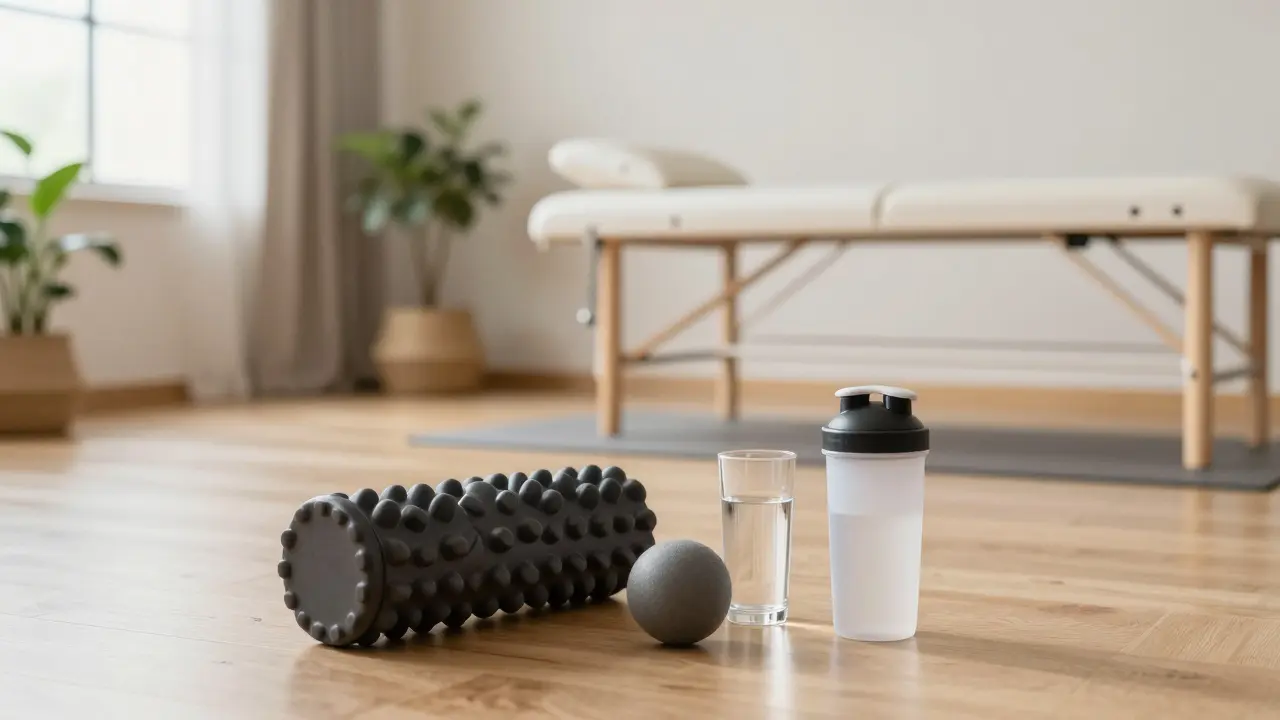 Foam roller and recovery tools in a calm wellness studio
