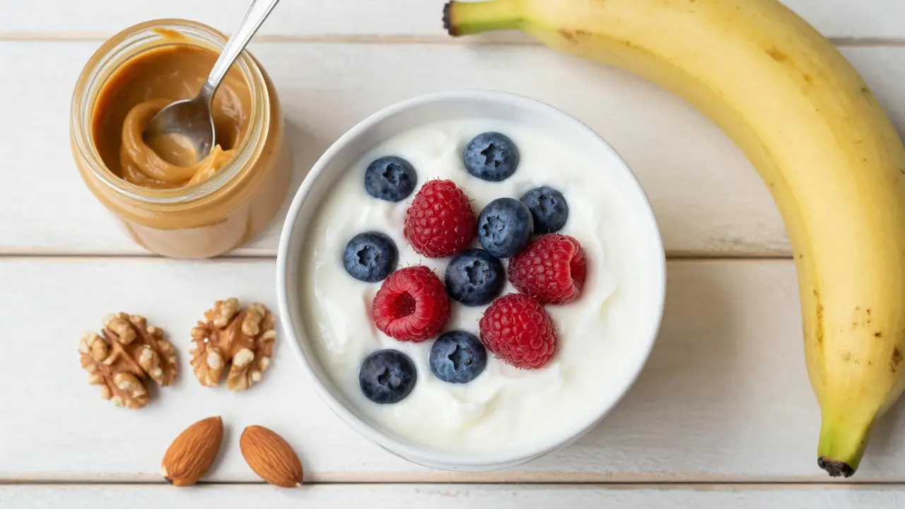 Healthy midnight snacks including yogurt, berries, nuts, and banana