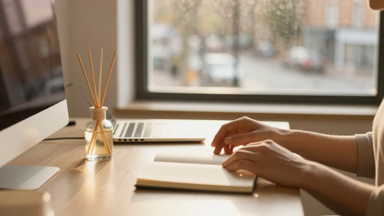 Home office with citrus diffuser and warm lighting