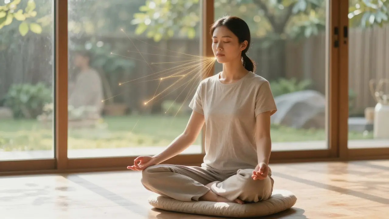 Person meditating peacefully in a sunlit room with glowing breath