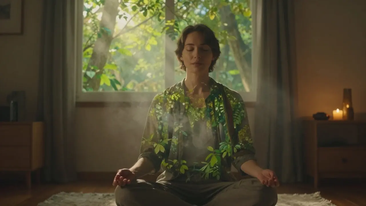 Person meditating while visualizing a peaceful forest scene overlaid on their surroundings.