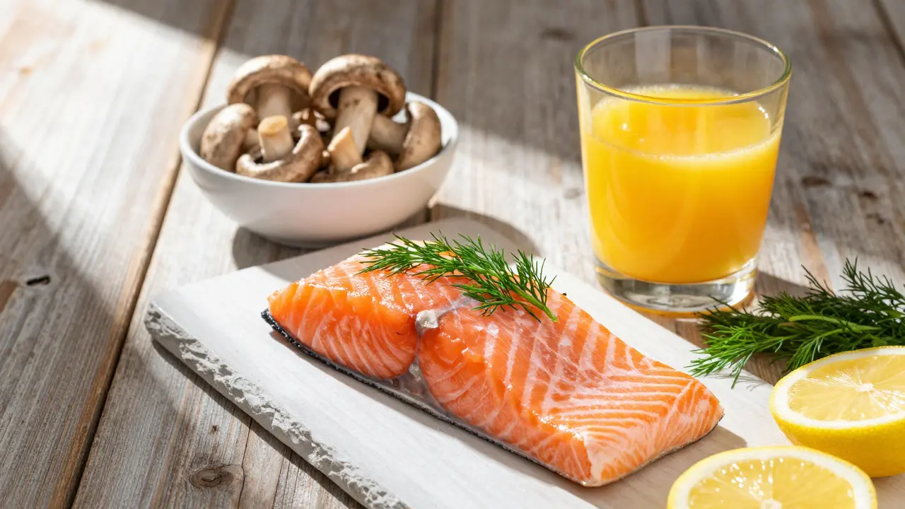 Salmon, orange juice, and mushrooms on table