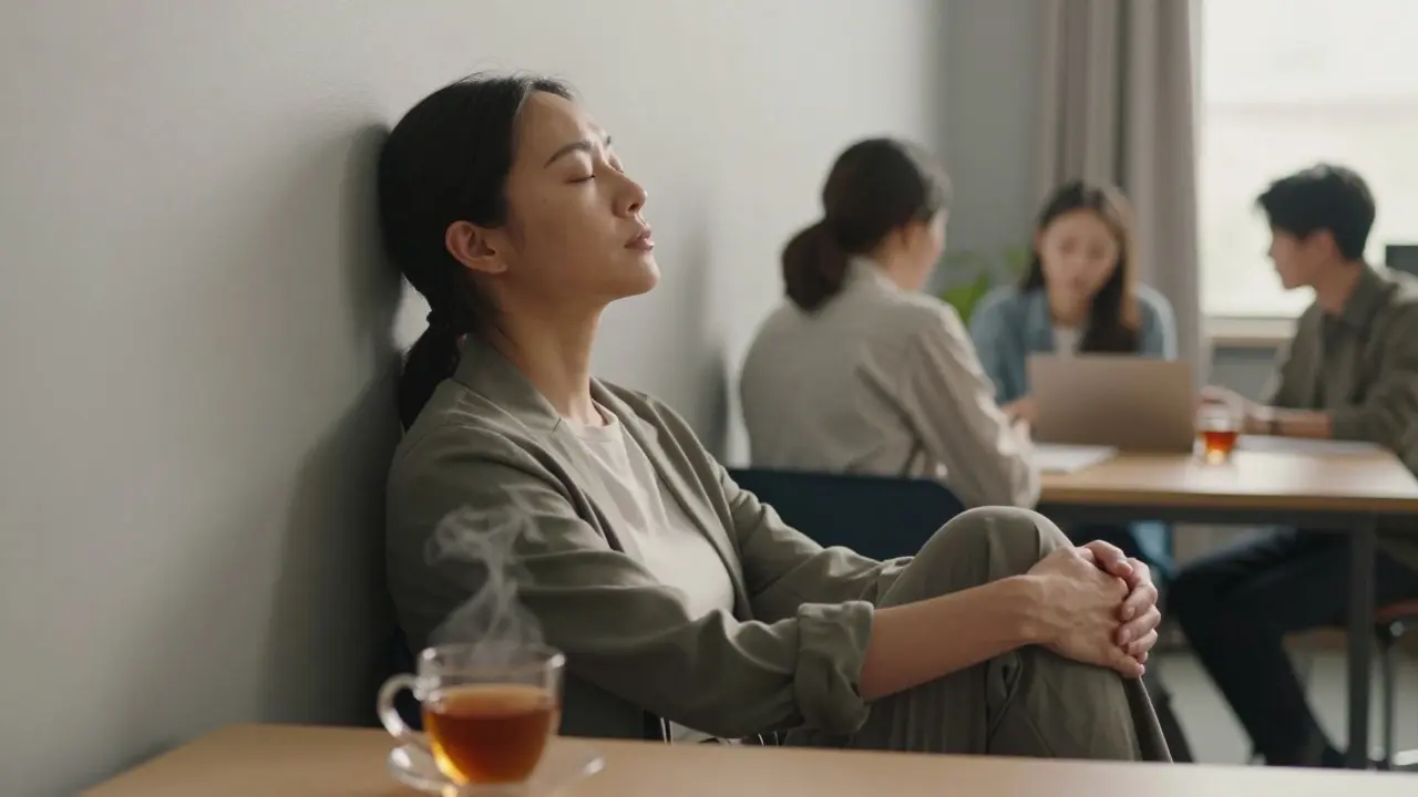 Teacher resting peacefully in a staff room, practicing mindfulness to reduce stress