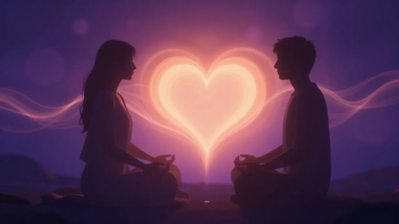 Two figures connected by warm, radiant light symbolizing compassion