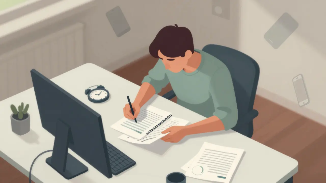 A conceptual illustration of a person working calmly at a desk, surrounded by abstract symbols of focus and discipline.