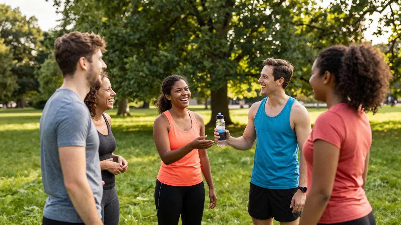 A group of friends laugh together in a park, sharing water bottles and enjoying the benefits of community fitness.