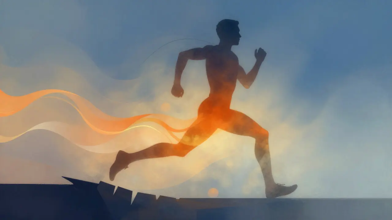 Abstract art of athlete silhouette transforming from rigid to fluid