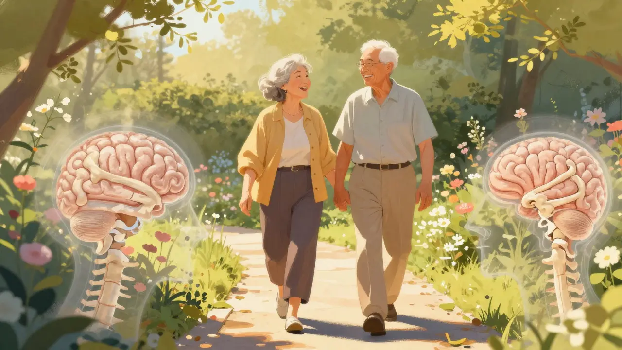 Energetic elderly couple walking in a garden, representing healthy aging