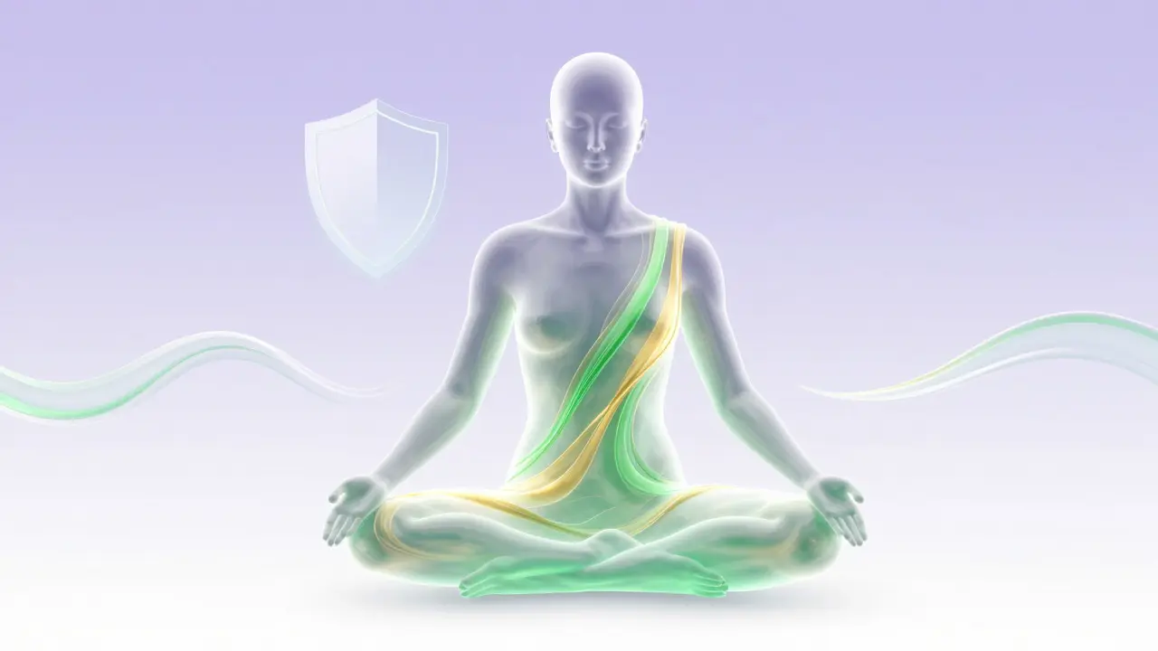 Ethereal figure glowing with green light representing physical health benefits