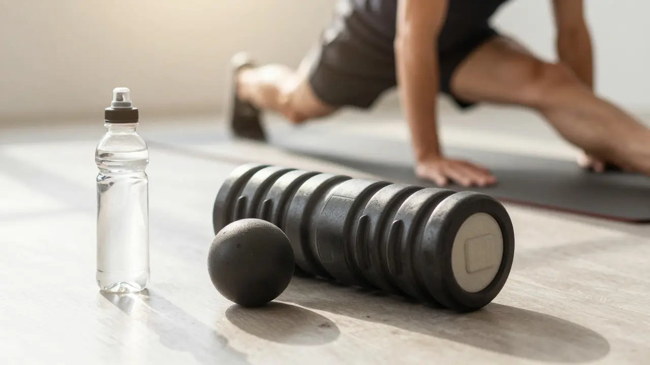Foam roller and lacrosse ball on gym floor near stretching athlete