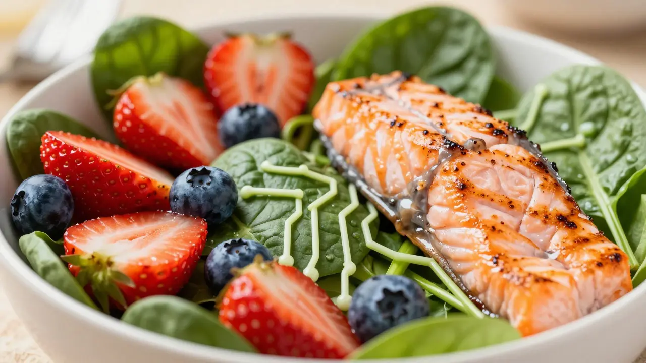 Fresh salad and salmon arranged like neural circuits, symbolizing brain health