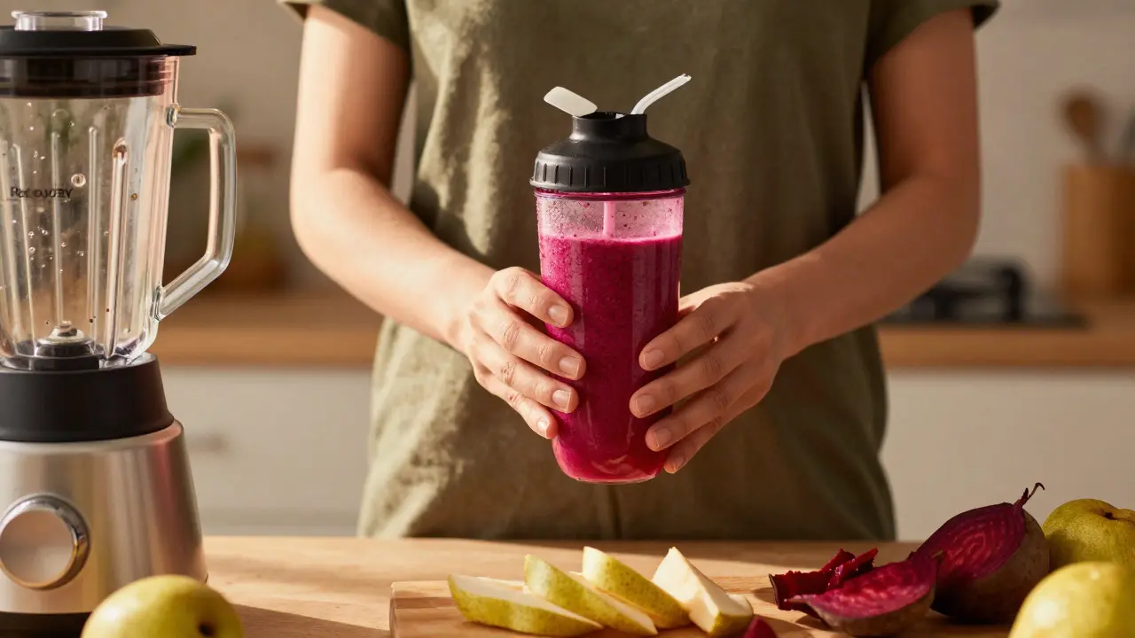 Hands holding a beet smoothie bottle in a bright kitchen with fresh ingredients nearby
