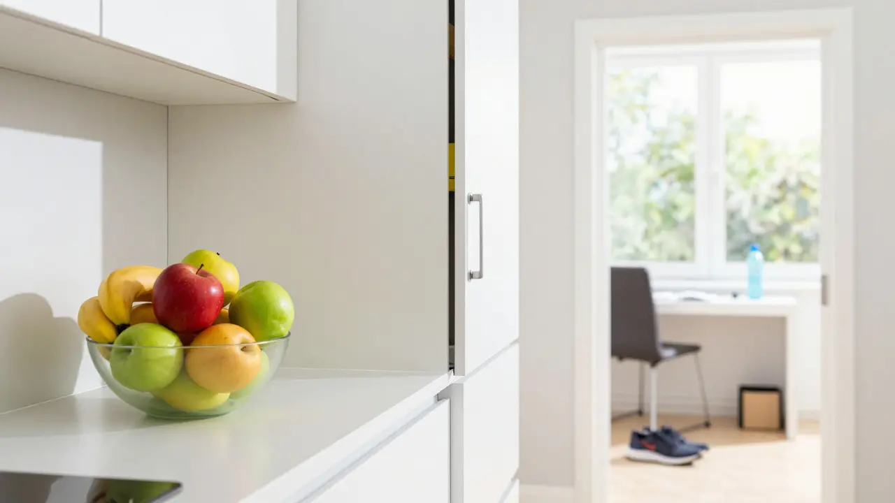 Organized kitchen with fruit and running shoes