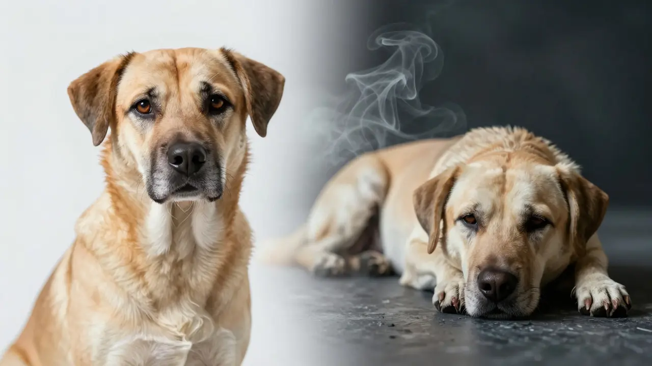 Split image comparing a healthy dog and a lethargic dog separated by swirling vapor