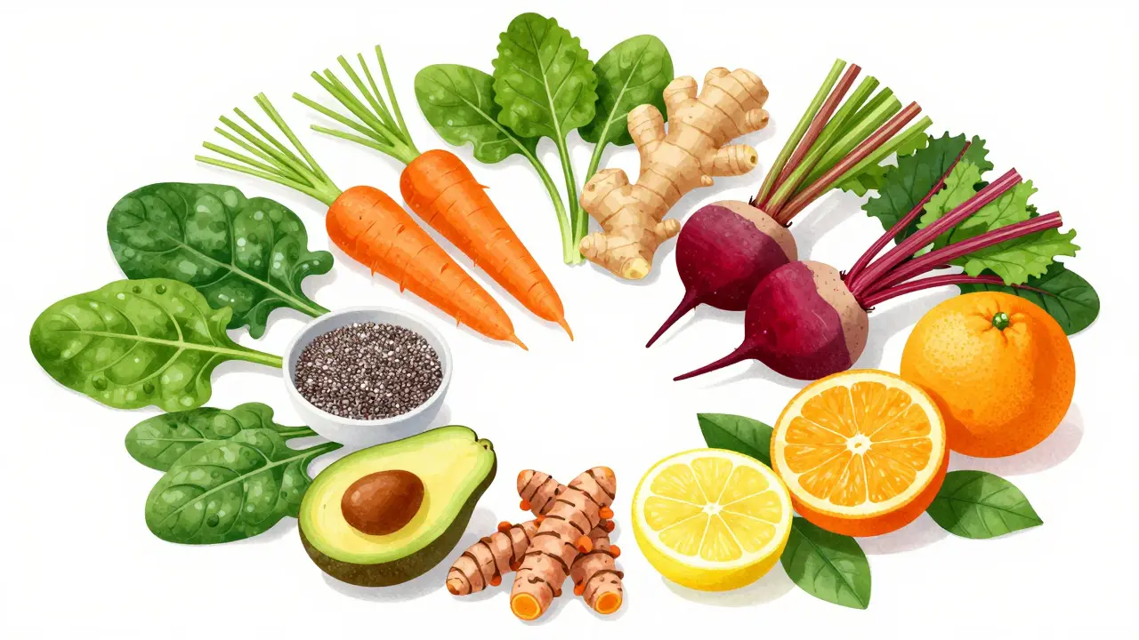 Still life arrangement of colorful vegetables, fruits, and spices on a white surface