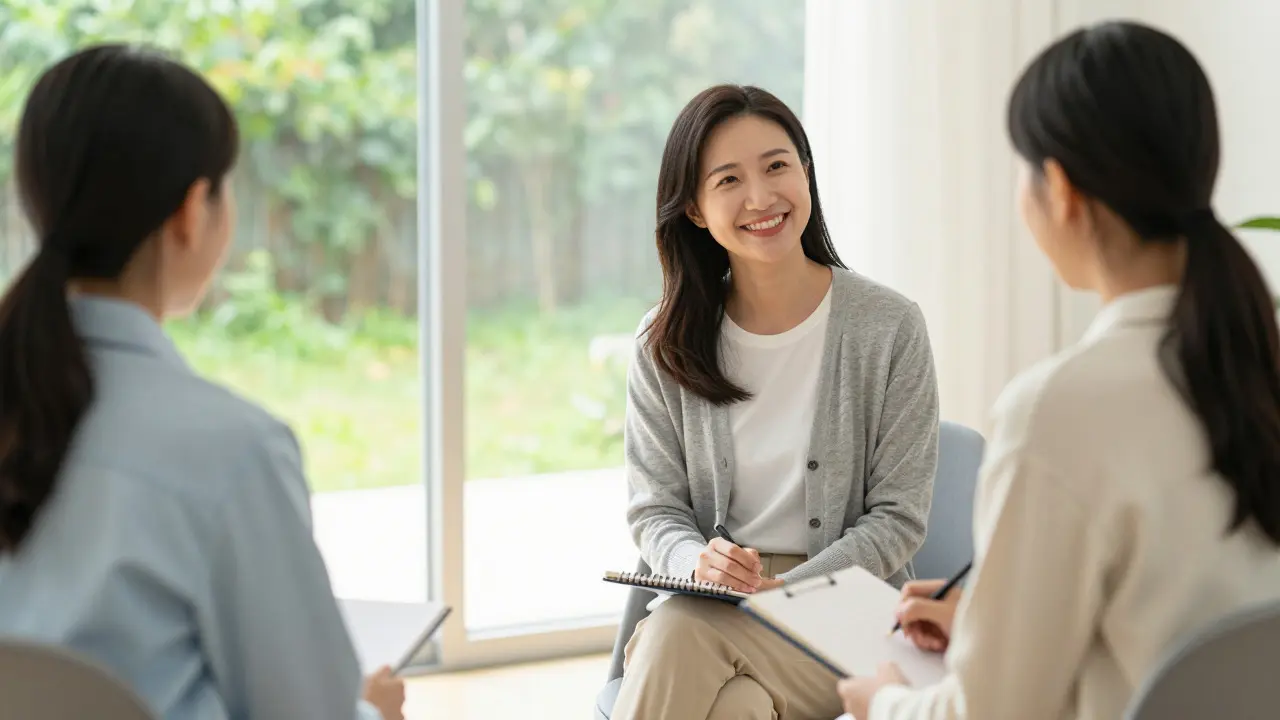 Therapist and client in a calm, sunlit counseling session