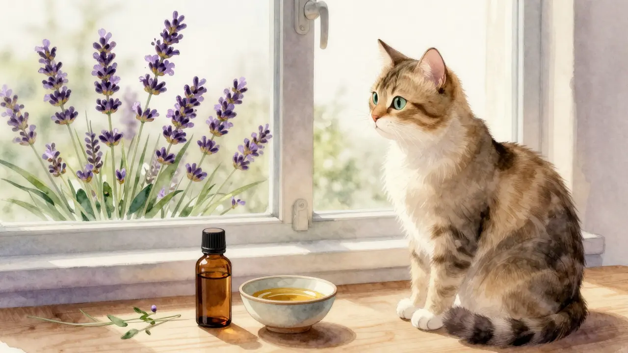 Watercolor painting of a cat near a window with lavender flowers and essential oil bottles